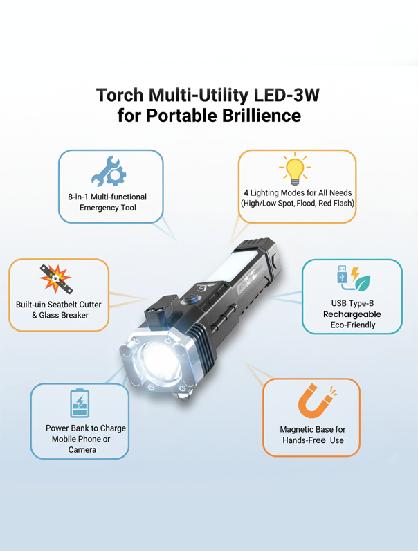 Torch Multi-Utility LED-3W for Portable Brilliance (Emergency Tool)