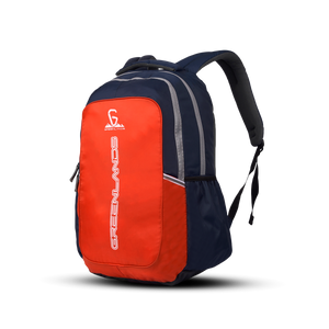 Greenlands Torpedo Laptop Work Backpack Orange Color Font and Side View