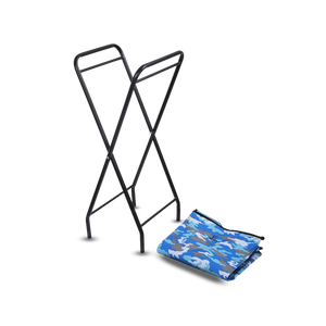 Greenlands Camping Storage Bin 30 Mild Steel Blue Camo for outdoor Adventures Stand Frame View
