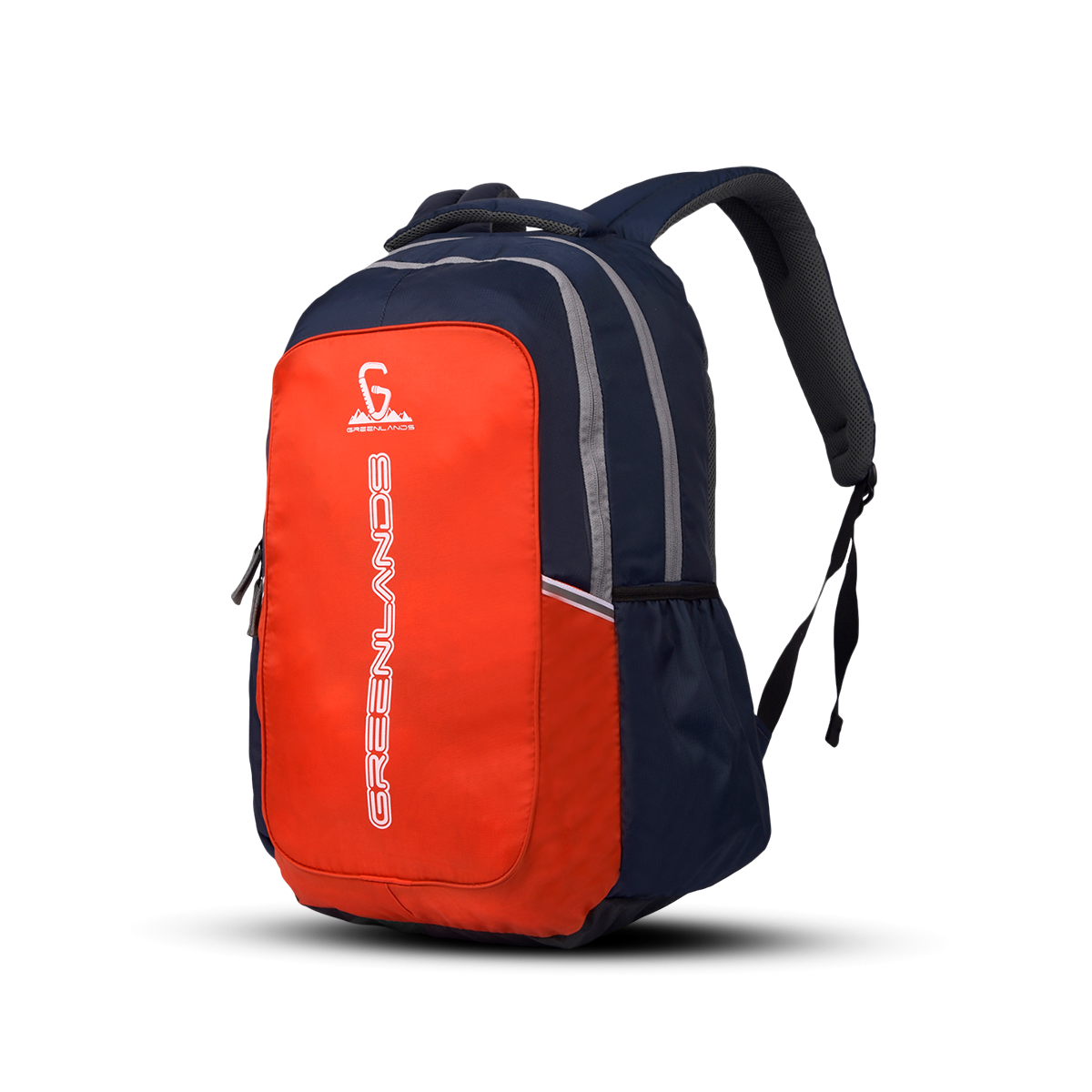 Greenlands Torpedo Laptop Work Backpack Orange Color Font and Side View