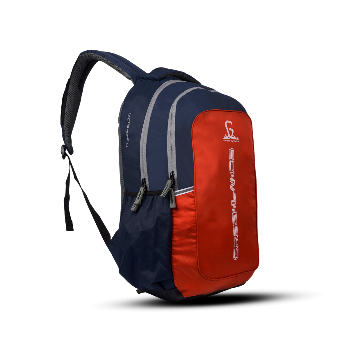 Greenlands Torpedo Laptop Work Backpack Orange Color Font and Side View